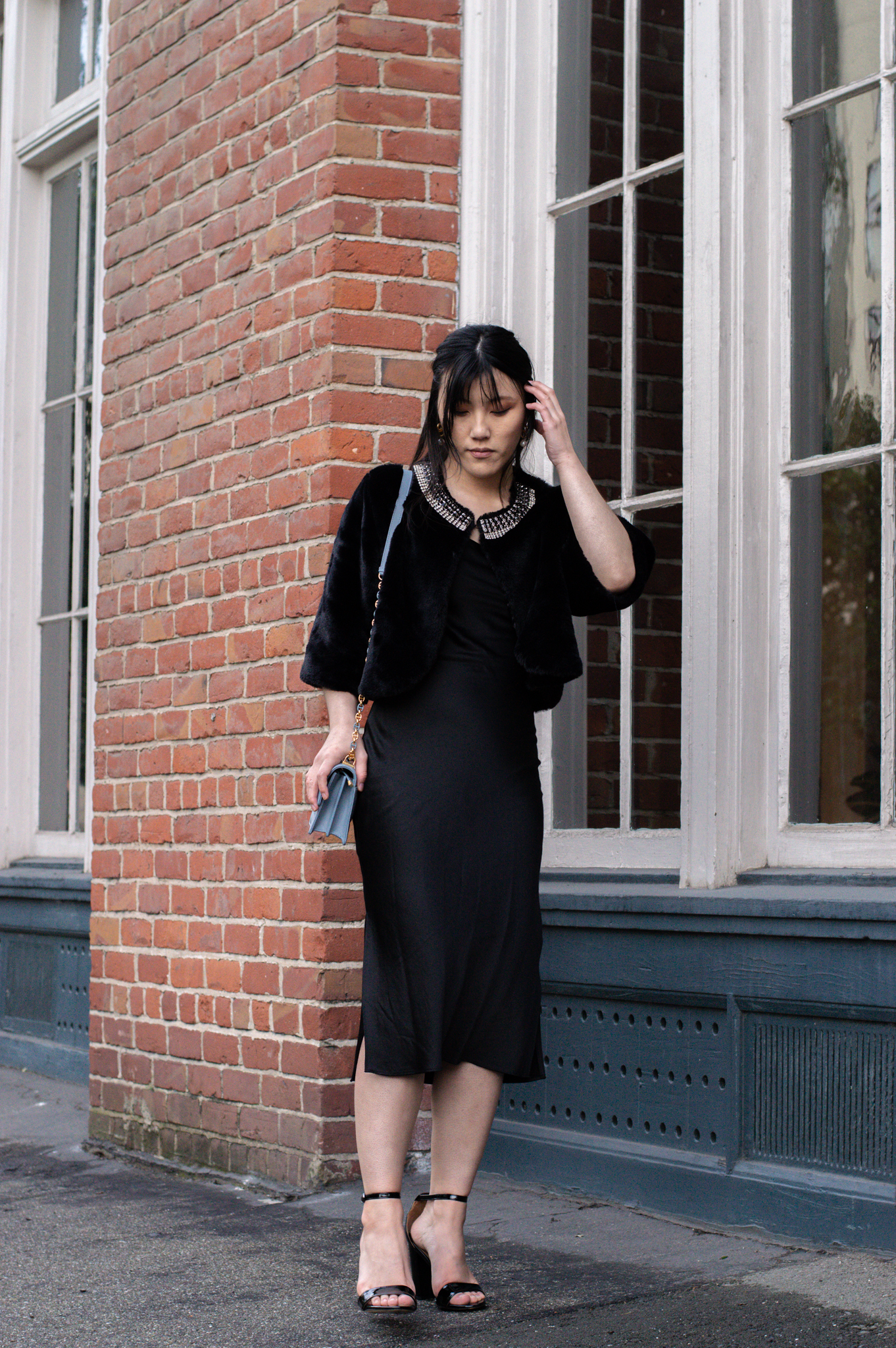 Capture of the fashion blogger's sophisticated outfit, ideal for dining at Niku Steakhouse in SF